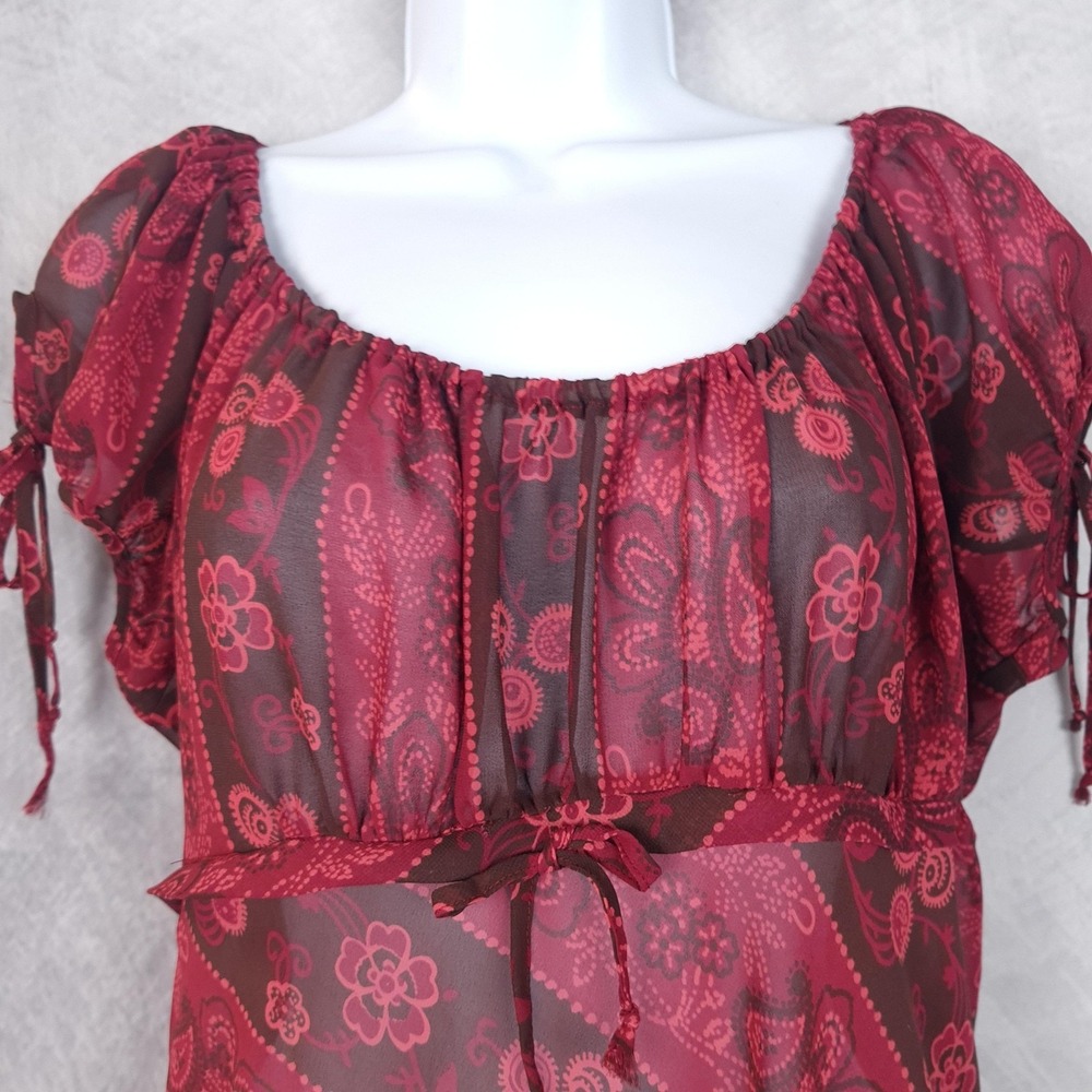 Vntg Whimsy Fairy Dress Womens Large Red Paisley Chiffon Sheer Babydoll Grunge - Picture 2 of 16